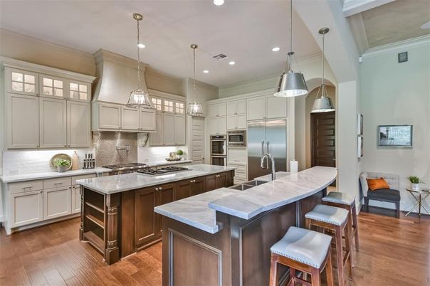 Interior, Kitchen, Pendant Lights, Recessed Lighting, Stainless Steel Appliances, Wood Texture Flooring