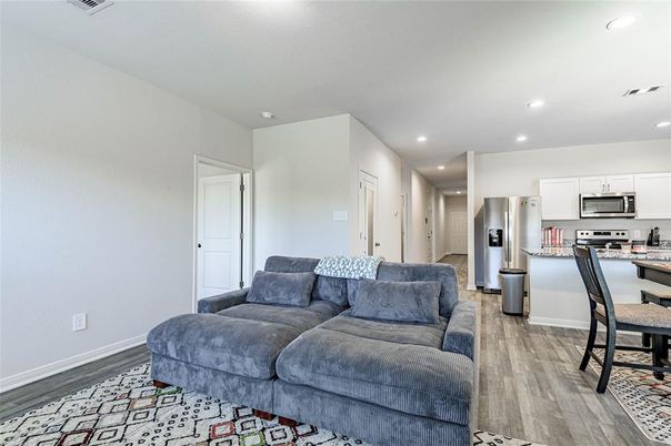 Interior, Kitchen, Living room, Recessed Lighting, Stainless Steel Appliances, Wood Texture Flooring
