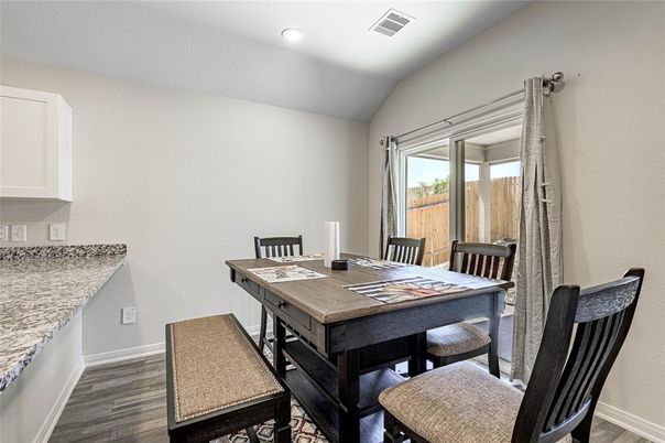Dining room, Interior, Recessed Lighting, Wood Texture Flooring