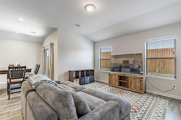 Dining room, Interior, Living room, Recessed Lighting, Wood Texture Flooring