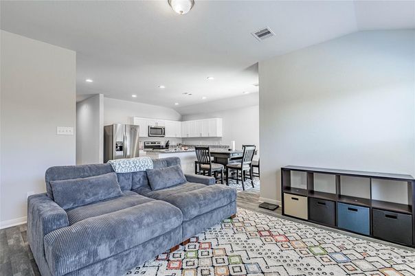 Dining room, Interior, Kitchen, Living room, Recessed Lighting, Stainless Steel Appliances, Wood Texture Flooring