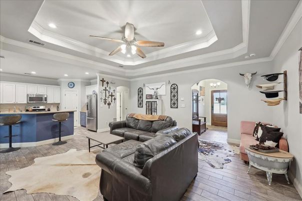 Interior, Kitchen, Living room, Recessed Lighting, Stainless Steel Appliances, Wood Texture Flooring