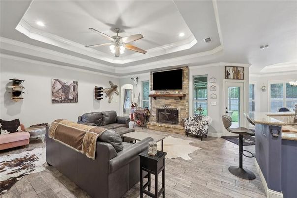 Fireplace, Interior, Living room, Recessed Lighting, Wood Texture Flooring