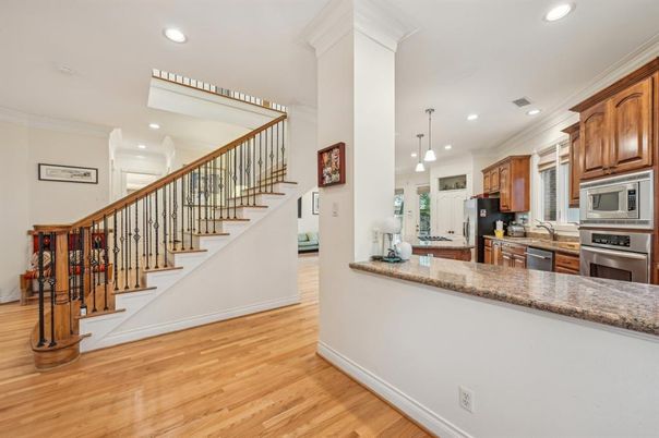 Interior, Kitchen, Pendant Lights, Recessed Lighting, Stainless Steel Appliances, Wood Texture Flooring