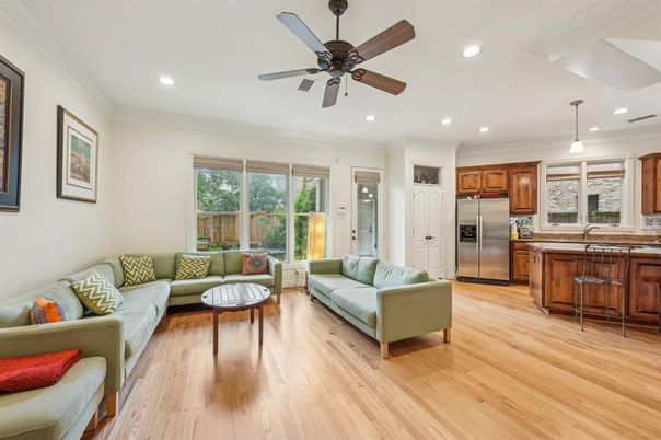 Interior, Kitchen, Living room, Pendant Lights, Recessed Lighting, Stainless Steel Appliances, Wood Texture Flooring