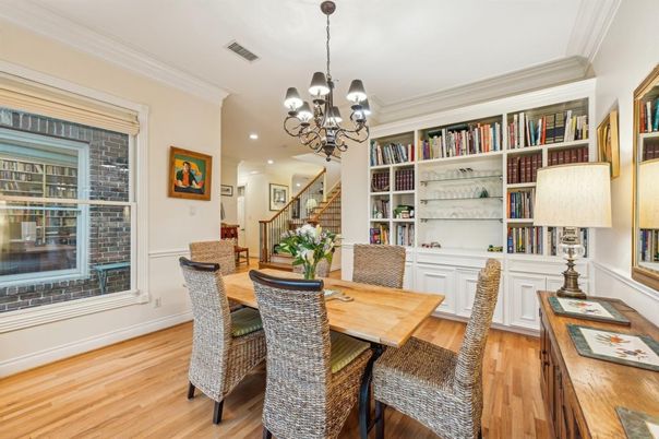 Chandelier, Dining room, Interior, Recessed Lighting, Wood Texture Flooring