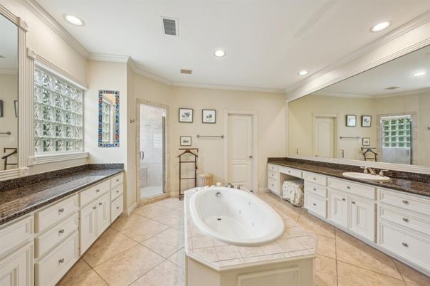 Bathroom, Dual Sink Vanities, Interior, Recessed Lighting, Tile Countertops