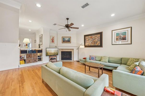Fireplace, Interior, Living room, Recessed Lighting, Wood Texture Flooring
