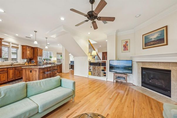 Fireplace, Interior, Kitchen, Living room, Pendant Lights, Recessed Lighting, Wood Texture Flooring