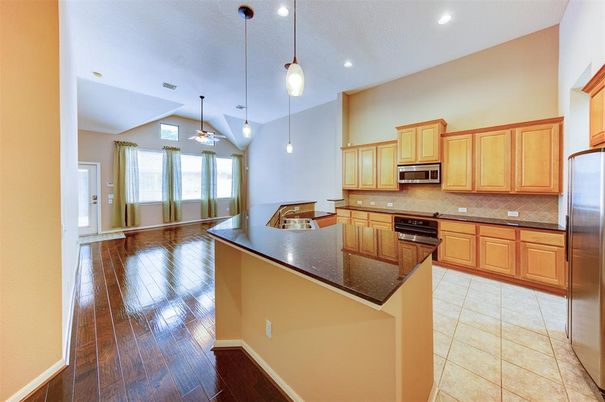 Interior, Kitchen, Pendant Lights, Recessed Lighting, Wood Texture Flooring