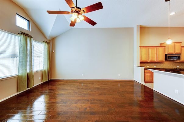 Empty room, Interior, Kitchen, Pendant Lights, Recessed Lighting, Wood Texture Flooring