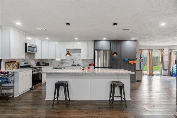 Interior, Kitchen, Pendant Lights, Recessed Lighting, Stainless Steel Appliances, Wood Texture Flooring