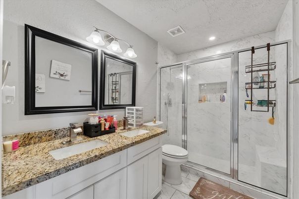 Bathroom, Glass Shower, Interior, Marble, Marble Walls, Recessed Lighting