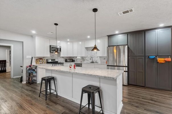 Interior, Kitchen, Pendant Lights, Recessed Lighting, Stainless Steel Appliances, Wood Texture Flooring