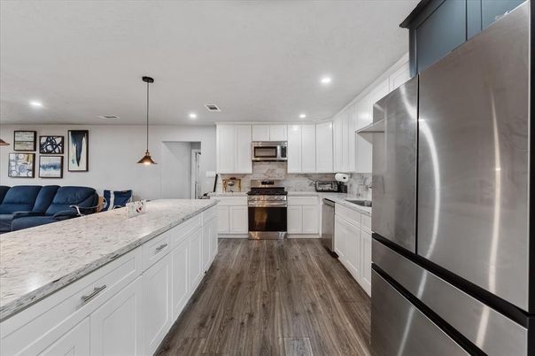 Interior, Kitchen, Pendant Lights, Recessed Lighting, Stainless Steel Appliances, Wood Texture Flooring
