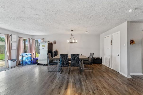 Dining room, Interior, Pendant Lights, Wood Texture Flooring