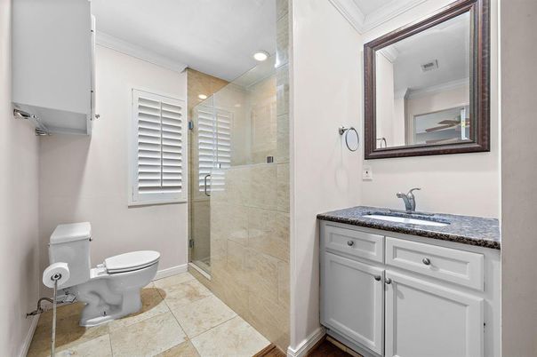 Bathroom, Glass Shower, Interior, Recessed Lighting