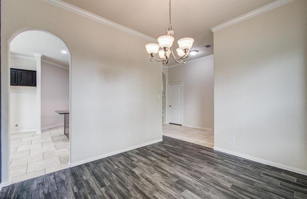 Chandelier, Empty room, Interior, Recessed Lighting, Wood Texture Flooring