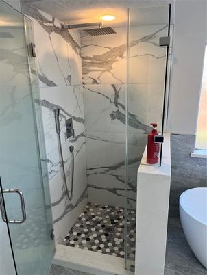 Bathroom, Free Standing Baths, Glass Shower, Interior, Marble Walls