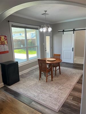 Dining room, Interior, Pendant Lights, Wood Texture Flooring