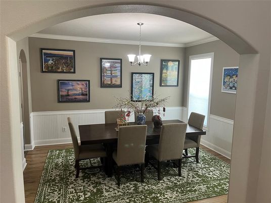Dining room, Interior, Pendant Lights, Wood Texture Flooring