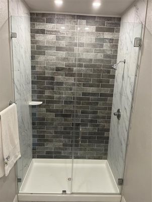 Bathroom, Glass Shower, Interior, Marble Walls, Recessed Lighting