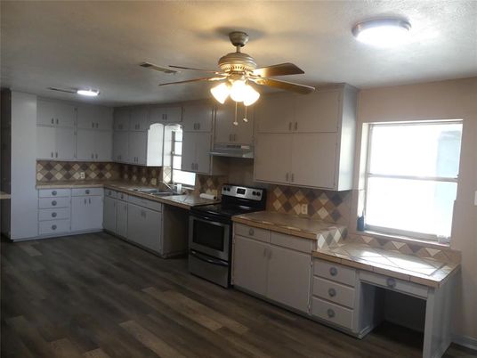 Interior, Kitchen, Tile Countertops, Wood Texture Flooring