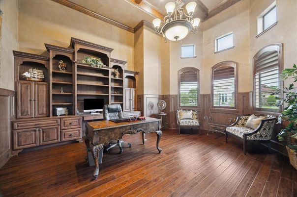 Chandelier, Home Office, Interior, Wood Texture Flooring