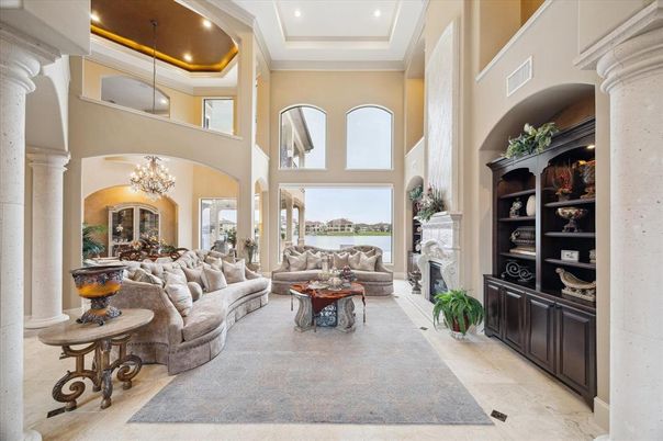 Chandelier, Fireplace, Interior, Living room, Recessed Lighting