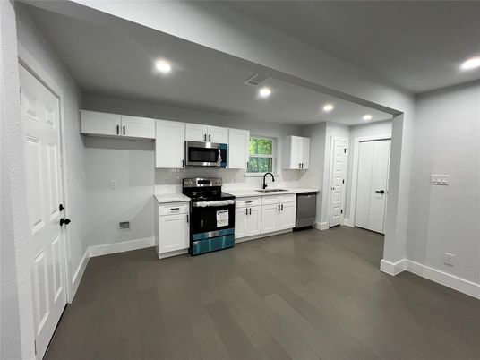 Interior, Kitchen, Recessed Lighting, Stainless Steel Appliances, Wood Texture Flooring