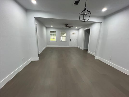 Empty room, Interior, Pendant Lights, Recessed Lighting, Wood Texture Flooring