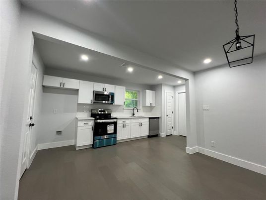 Interior, Kitchen, Pendant Lights, Recessed Lighting, Stainless Steel Appliances, Wood Texture Flooring