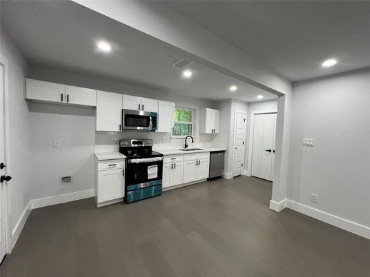 Interior, Kitchen, Recessed Lighting, Stainless Steel Appliances, Wood Texture Flooring