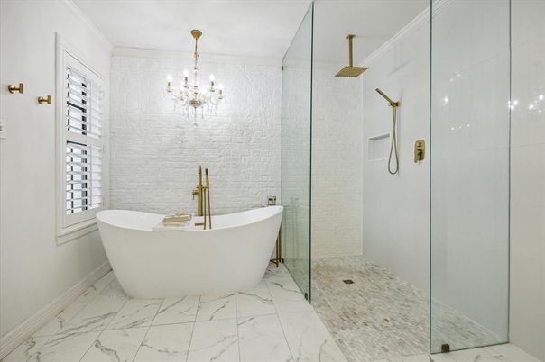 Bathroom, Chandelier, Free Standing Baths, Glass Shower, Interior, Marble, Marble Walls