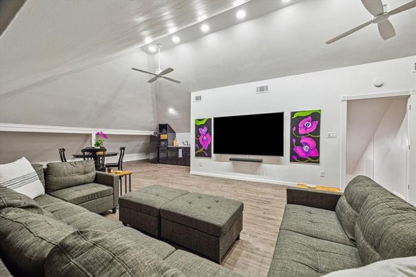 Dining room, Interior, Living room, Recessed Lighting, Wood Texture Flooring