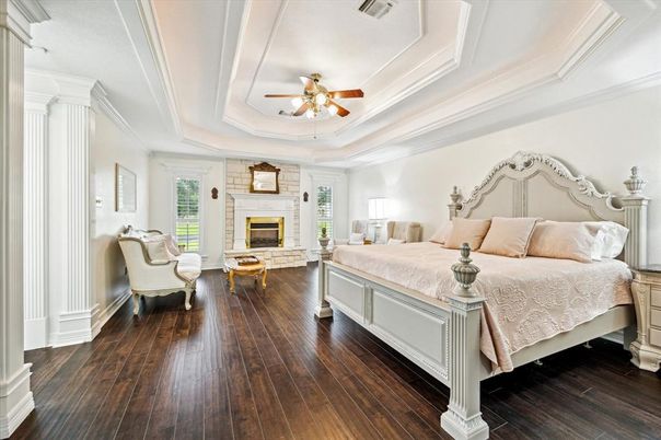 Bedroom, Fireplace, Interior, Wood Texture Flooring