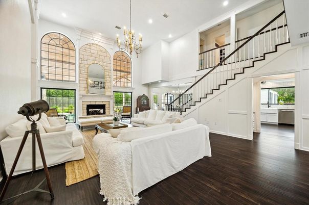 Chandelier, Fireplace, Interior, Living room, Recessed Lighting, Wood Texture Flooring
