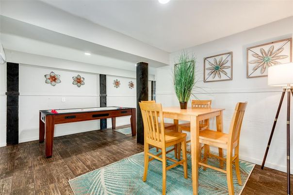 Billiard Table, Dining room, Game Room, Interior, Recessed Lighting, Wood Texture Flooring