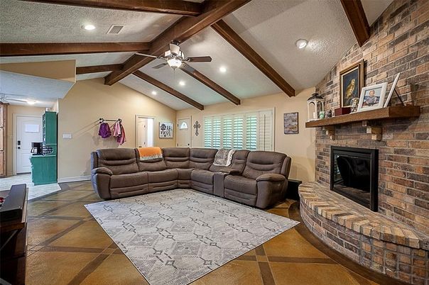 Fireplace, Interior, Living room, Recessed Lighting, Stone Walls, Wooden Beams