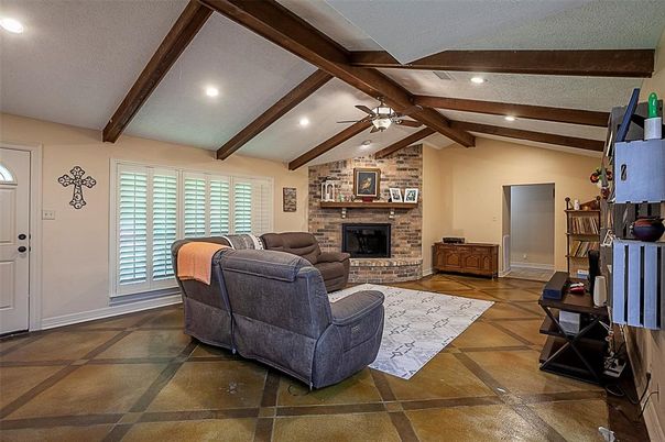 Fireplace, Interior, Living room, Recessed Lighting, Stone Walls, Wooden Beams