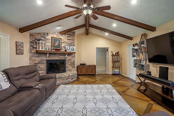 Fireplace, Interior, Living room, Recessed Lighting, Stone Walls, Wooden Beams