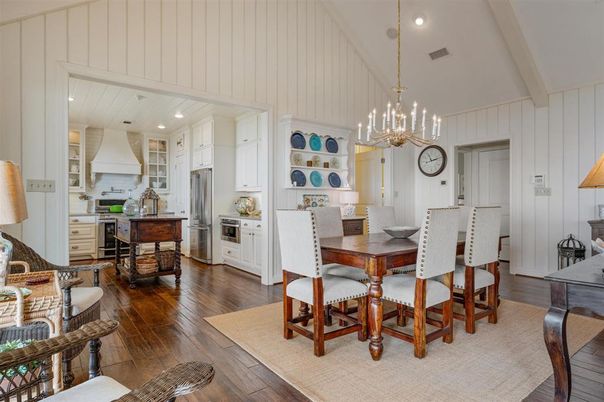 Dining room, Interior, Kitchen, Pendant Lights, Recessed Lighting, Stainless Steel Appliances, Wood Texture Flooring