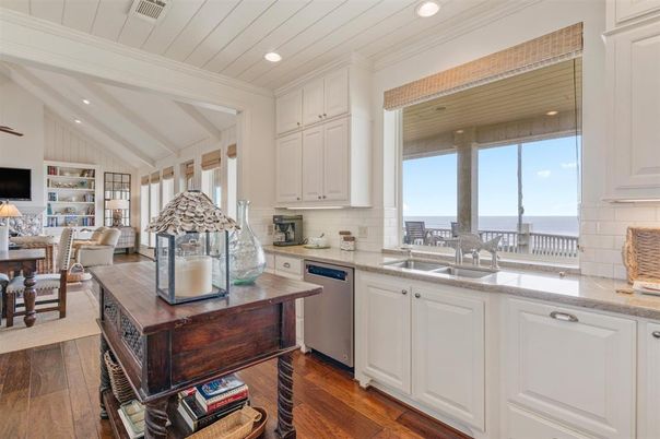 Dining room, Interior, Kitchen, Living room, Recessed Lighting, Water, Wood Texture Flooring