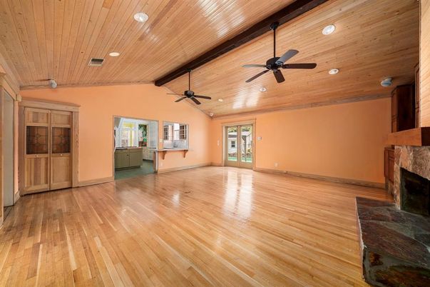 Empty room, Fireplace, Interior, Recessed Lighting, Wooden Ceilings, Wood Texture Flooring