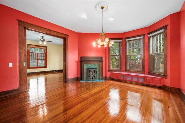 Chandelier, Empty room, Fireplace, Interior, Pendant Lights, Wood Texture Flooring