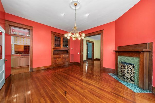 Empty room, Fireplace, Interior, Pendant Lights, Wood Texture Flooring