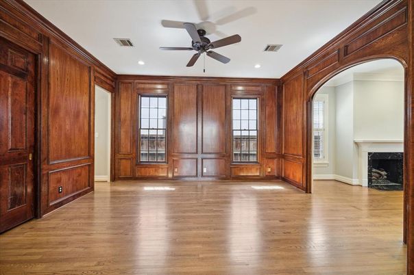 Empty room, Fireplace, Interior, Recessed Lighting, Wood Texture Flooring, Wooden Walls