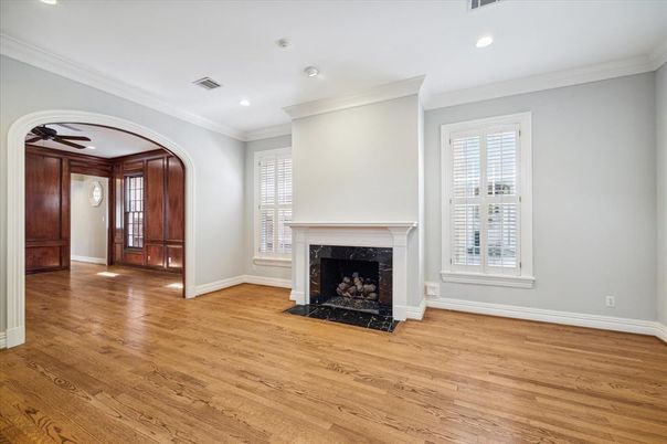 Empty room, Fireplace, Interior, Recessed Lighting, Wood Texture Flooring