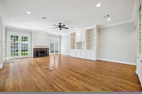 Empty room, Fireplace, Interior, Recessed Lighting, Wood Texture Flooring