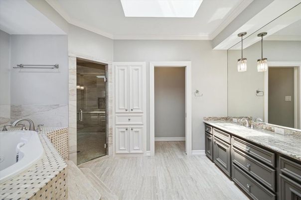 Bathroom, Dual Sink Vanities, Glass Shower, Interior, Pendant Lights